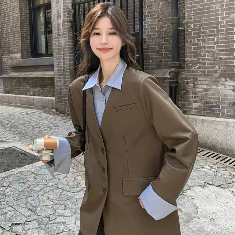 ノーカラーVラインPUレザージャケット