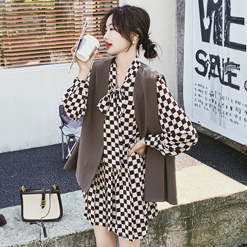 チェック柄ワンピース×ベストセット