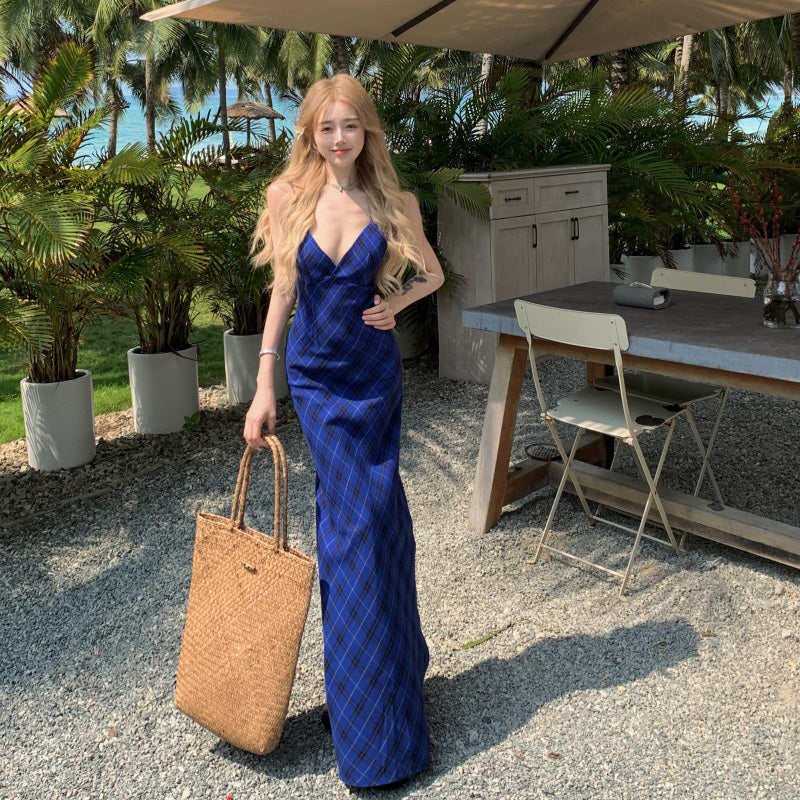 ブルーチェック Vネック バックレスキャミワンピース