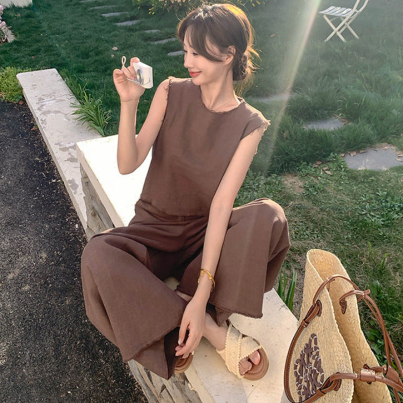 ノースリーブトップス×ワイドレッグパンツスーツ(2colors)