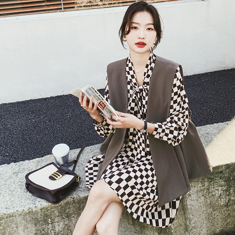 チェック柄ワンピース×ベストセット