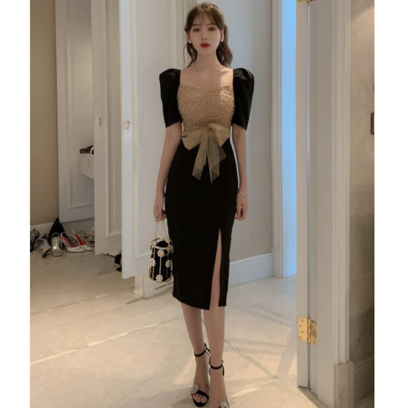 ドットチュールコンビスリットタイトワンピース