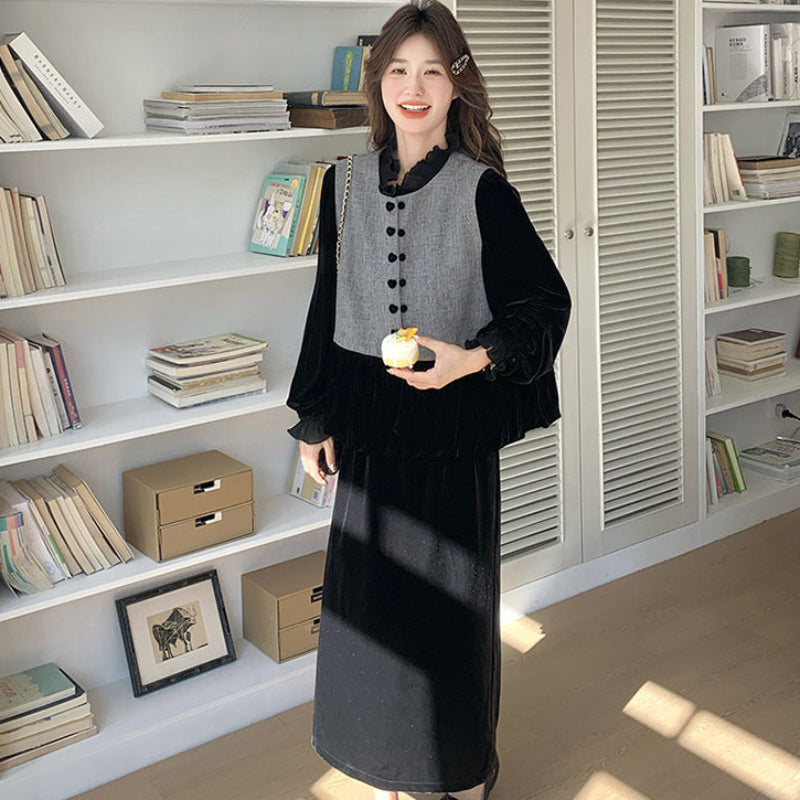 エレガンスベルベットベスト×トップス×スカート3点セット