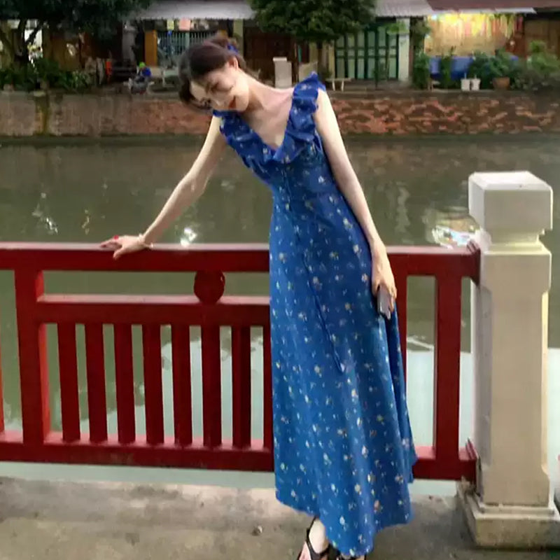 Vネックフリル花柄ロングワンピース