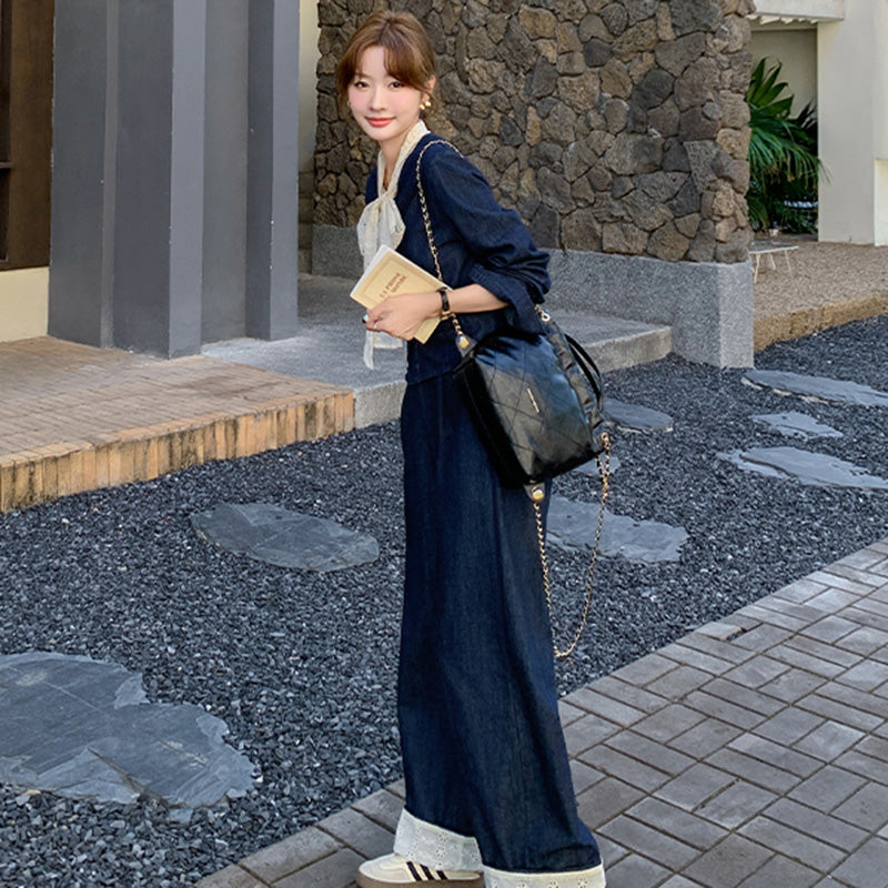 レースリボン付きデニムスーツジャケット×ワイドパンツ