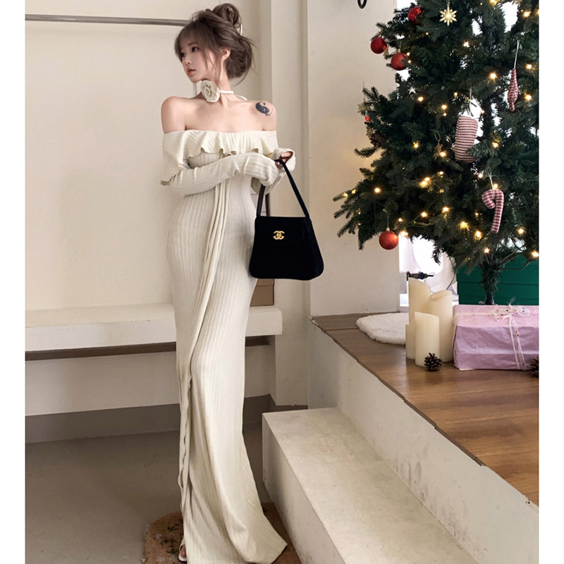 フェミニンオフショルダーリボンフリルスリットドレス