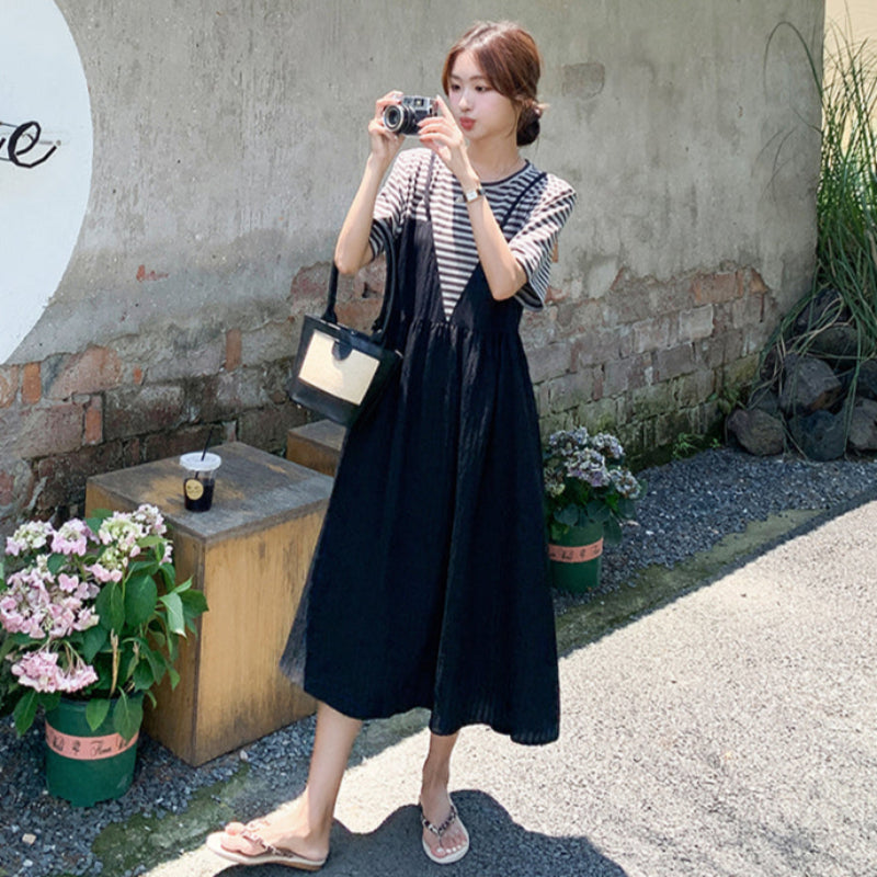 ストライプTシャツ×レイヤードワンピ