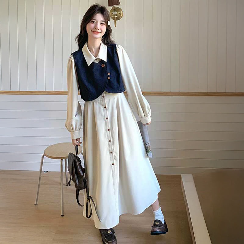 デニムショートベスト×シャツワンピース