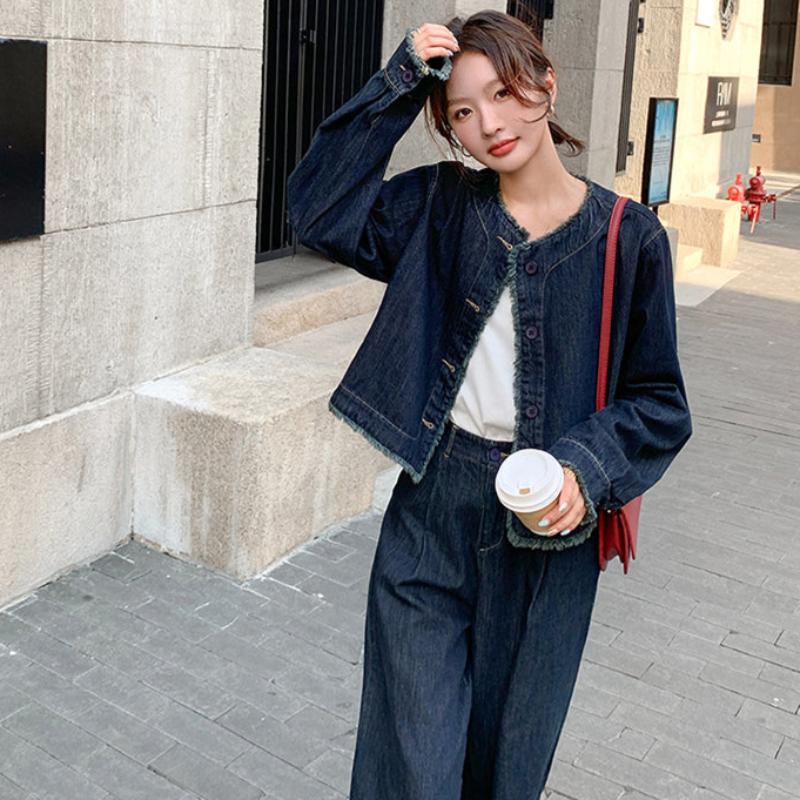 【即納】タッセルデニムジャケット×ワイドパンツセットアップ