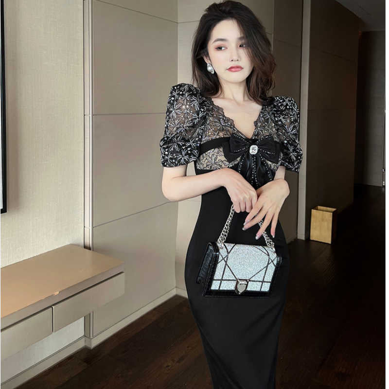 フロントリボンシアーレースコンビペンシルワンピース