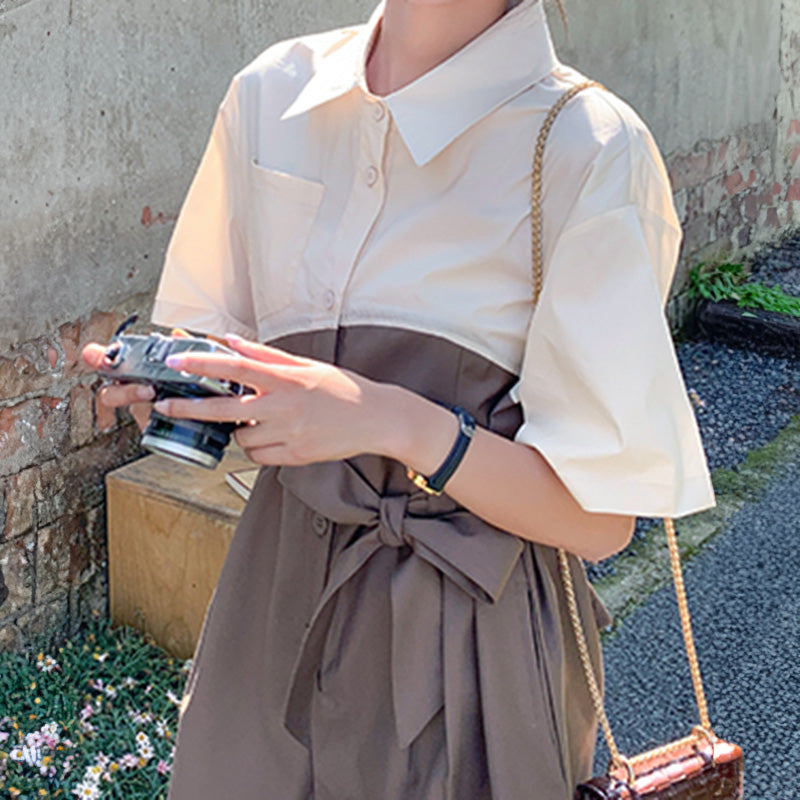 バイカラーウエストリボン ショートオールインワン