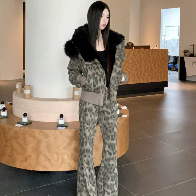 レオパードスウェットファーパーカー×パンツセット