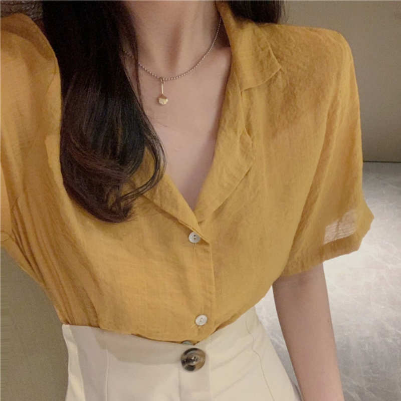 【即納】イエローオープンカラーシャツ×フロントボタンフレアスカート