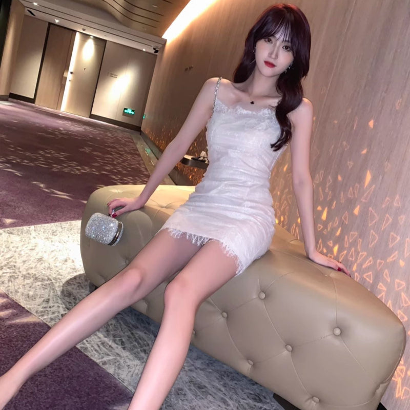 ラインストーンストラップチュールミニドレス(2colors)