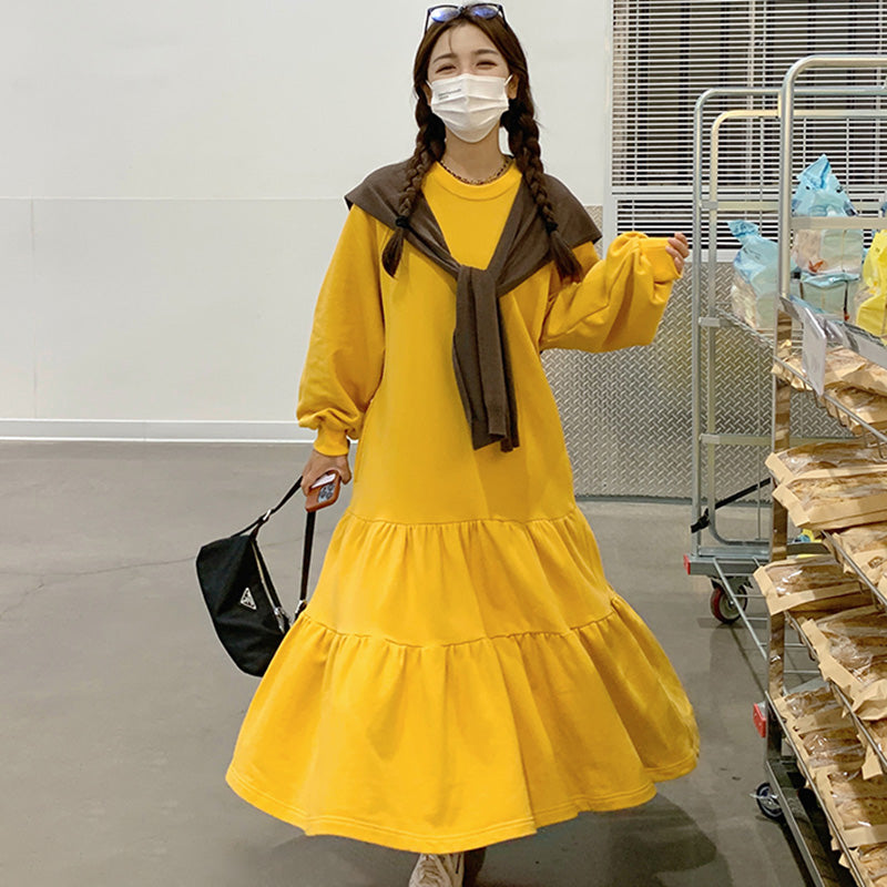 【即納】裾フリルスウェットワンピース(イエロー/M)