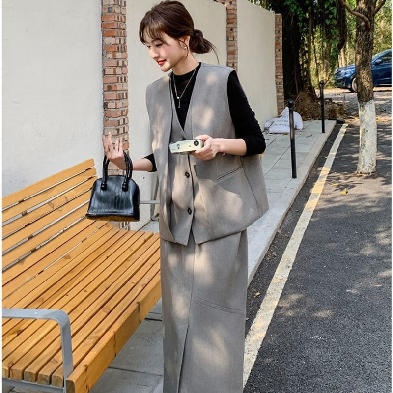 スモーキーグレーベスト×スカートセット