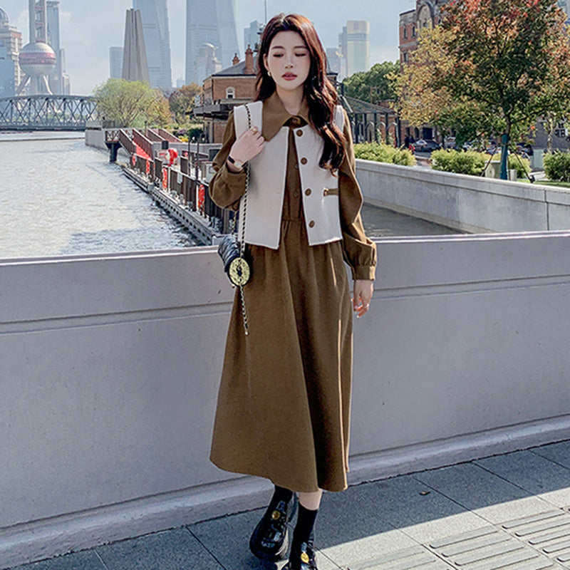 【即納】2WAYバイカラーベスト×ワンピースセット