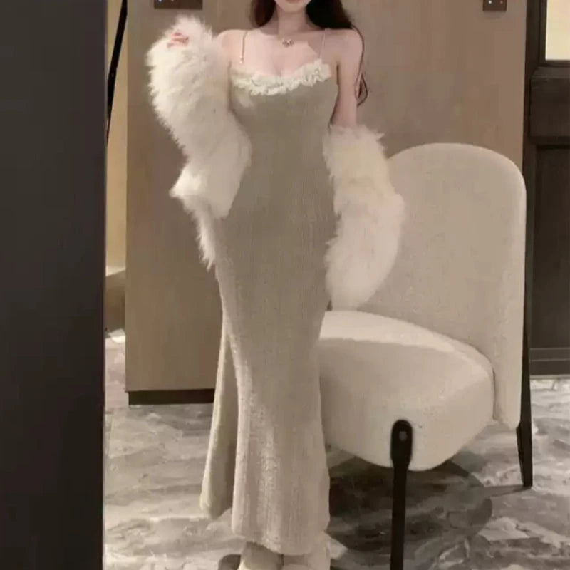 ストーンラインショルダーニットドレス