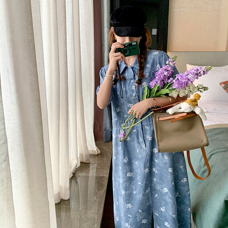 ローズプリントデニム調シャツワンピース