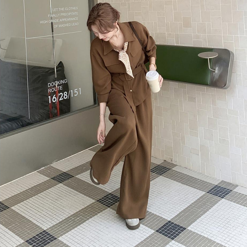 ウエストベルトシャツ×ワイドパンツセットアップ(2colors)