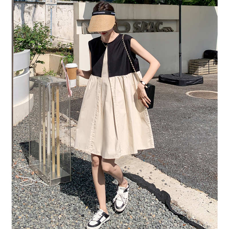 バイカラーパネルノースリーブギャザーワンピース