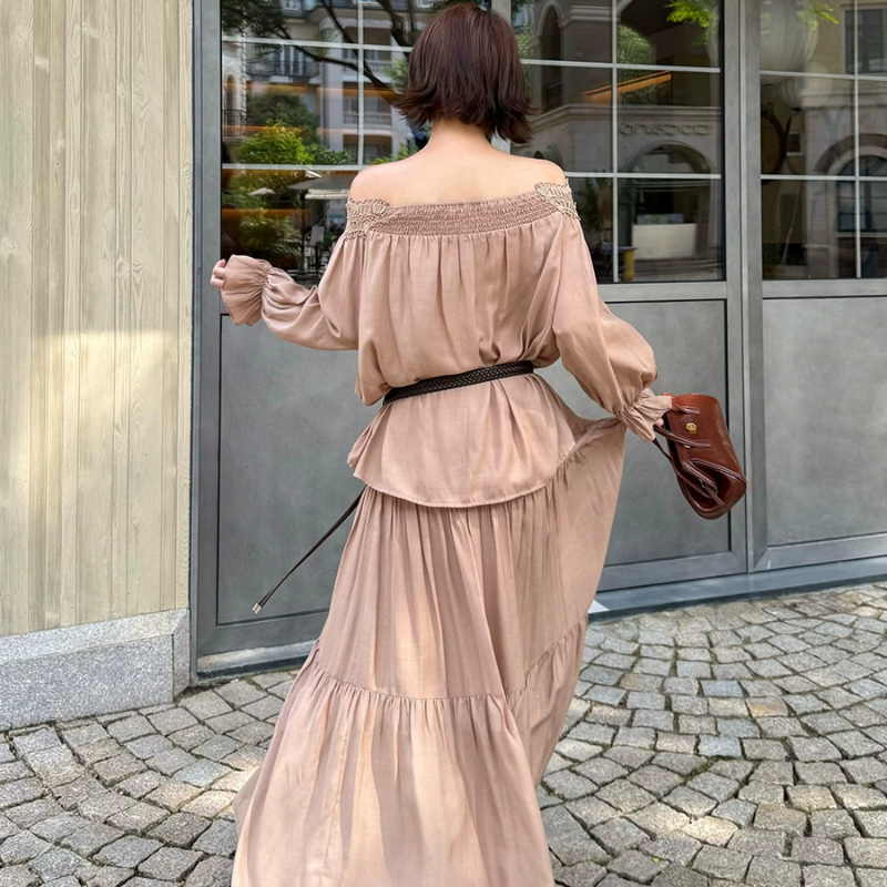 オフショルダーカットソー×ロングスカートセット(2colors)