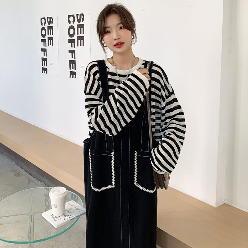 カジュアルボーダートップス×デニムサロペットワンピースセット