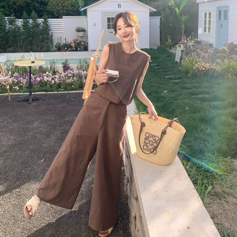 ノースリーブトップス×ワイドレッグパンツスーツ(2colors)