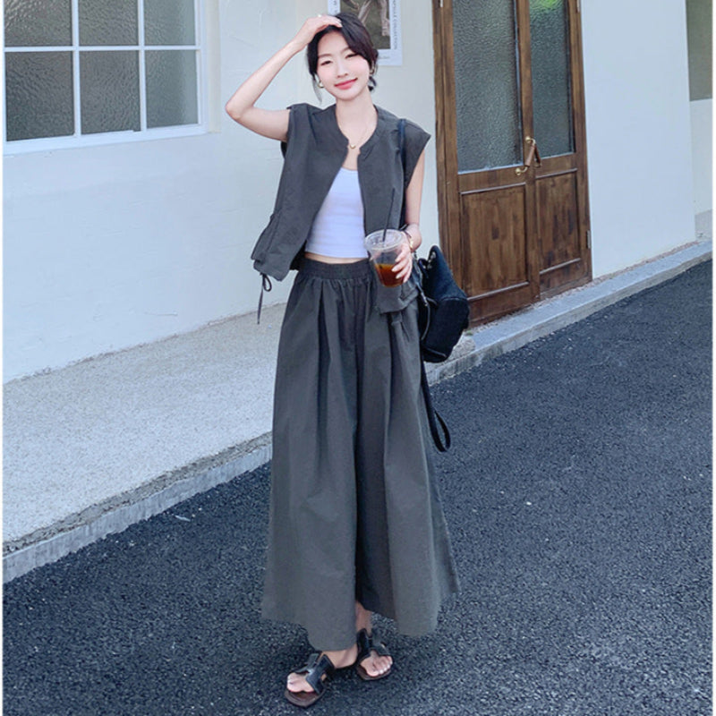 ノースリーブファスナートップス×ワイドレッグパンツセット