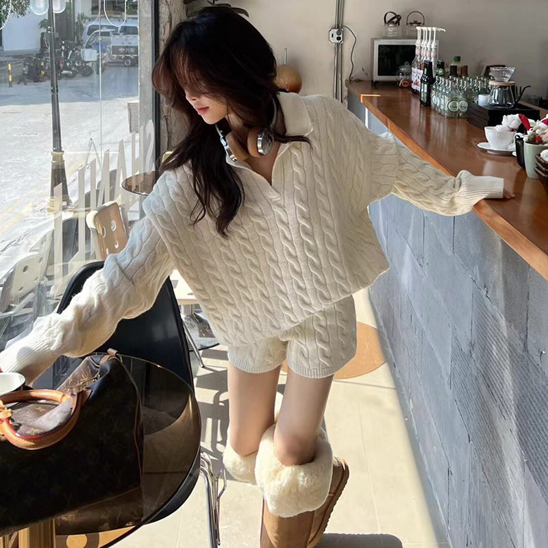 ケーブルニットショートパンツセットアップ