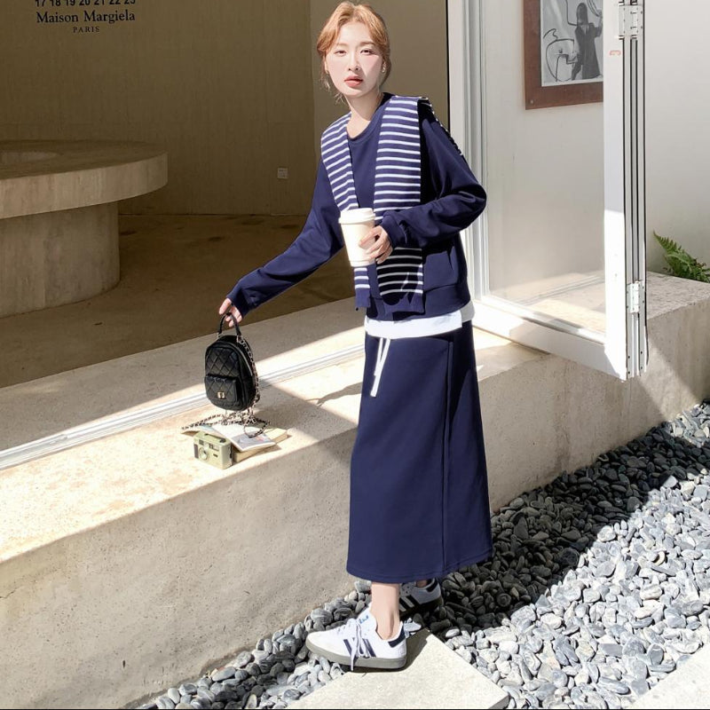 ボーダーショール付きスウェット×スカートセットアップ(2colors)