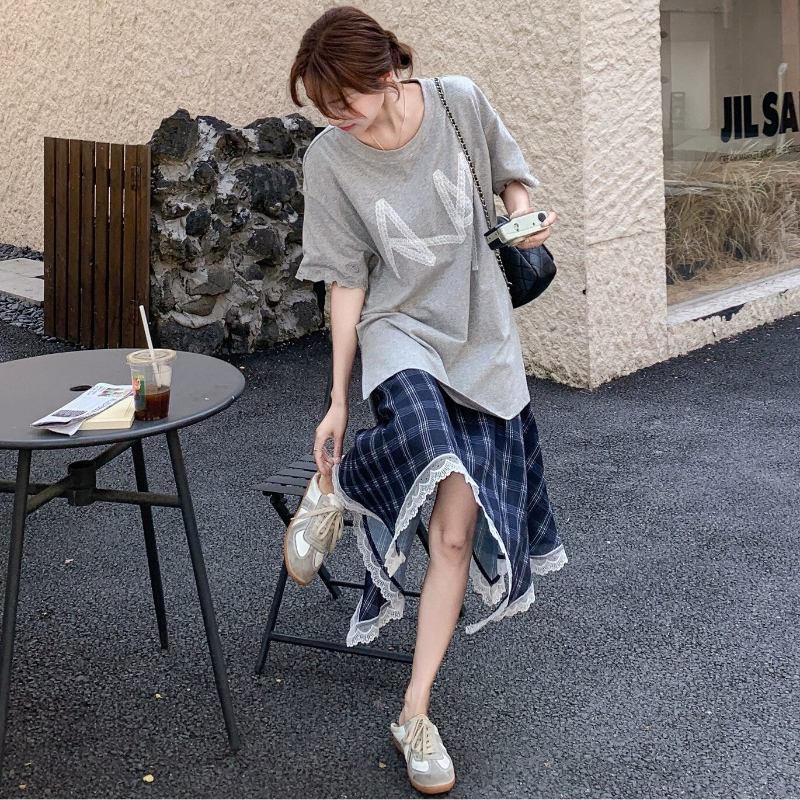 Tシャツドッキングチェックスカートワンピース