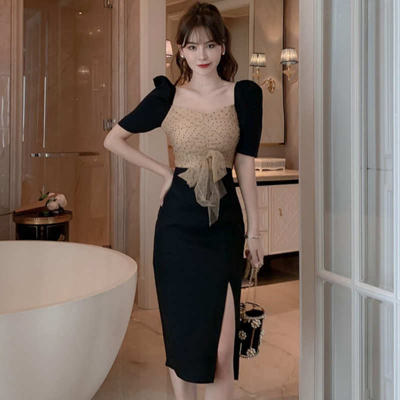 ドットチュールコンビスリットタイトワンピース