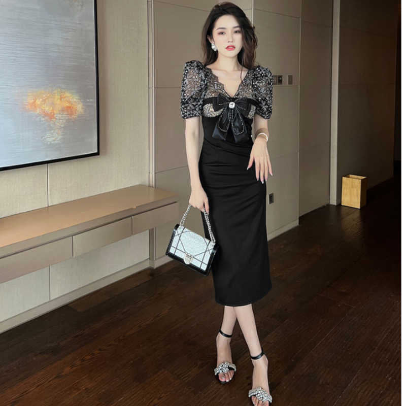 フロントリボンシアーレースコンビペンシルワンピース