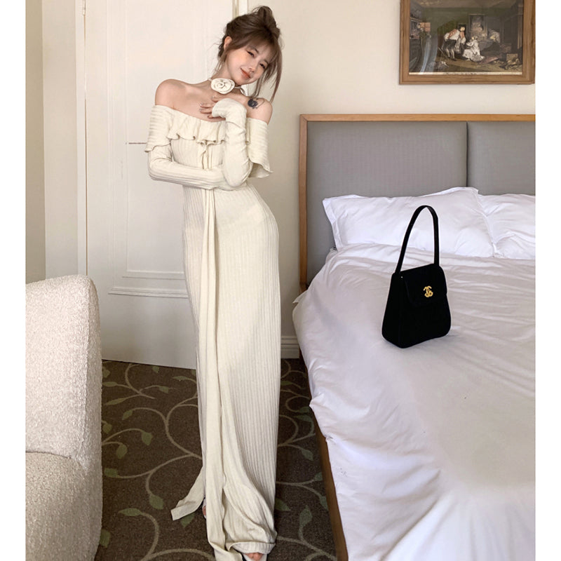 フェミニンオフショルダーリボンフリルスリットドレス