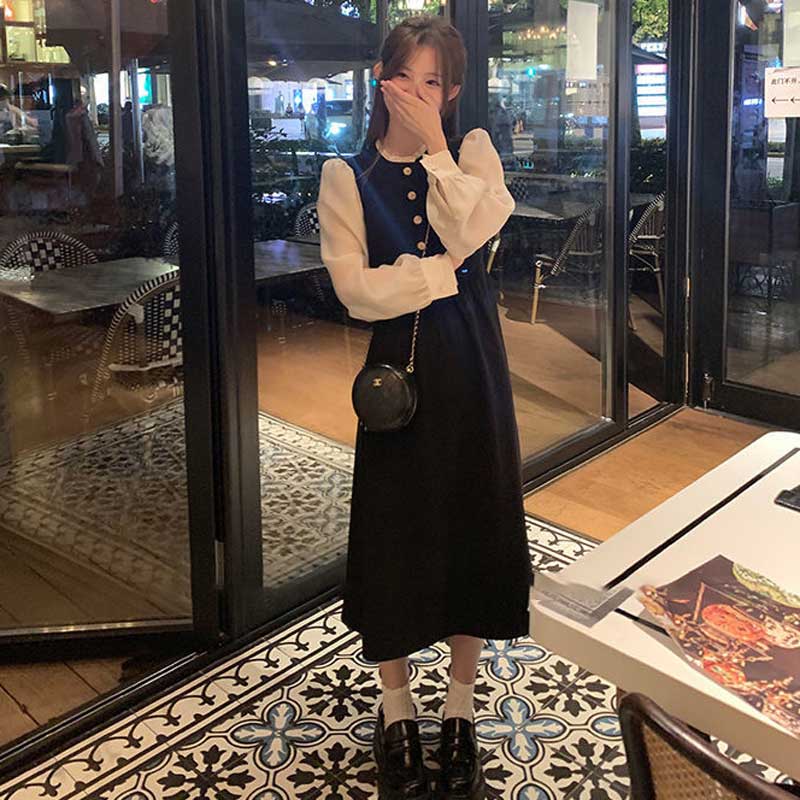 パフスリーブ切替ロングワンピース