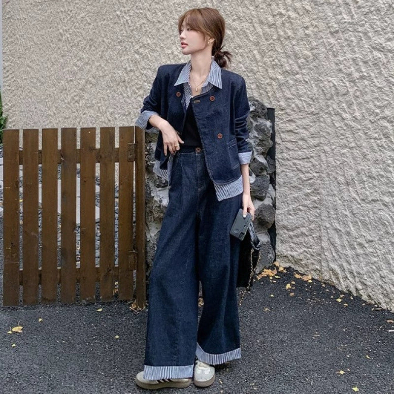レイヤードデニムジャケット×ワイドデニムパンツセットアップ (紺・青