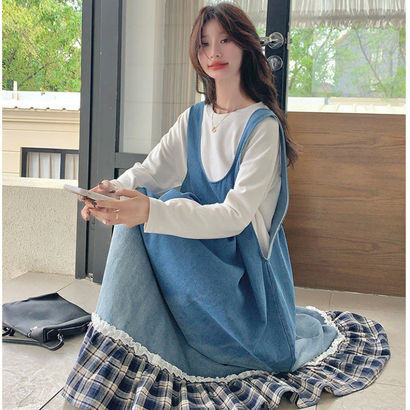 トリムチェックデニムジャンパースカート