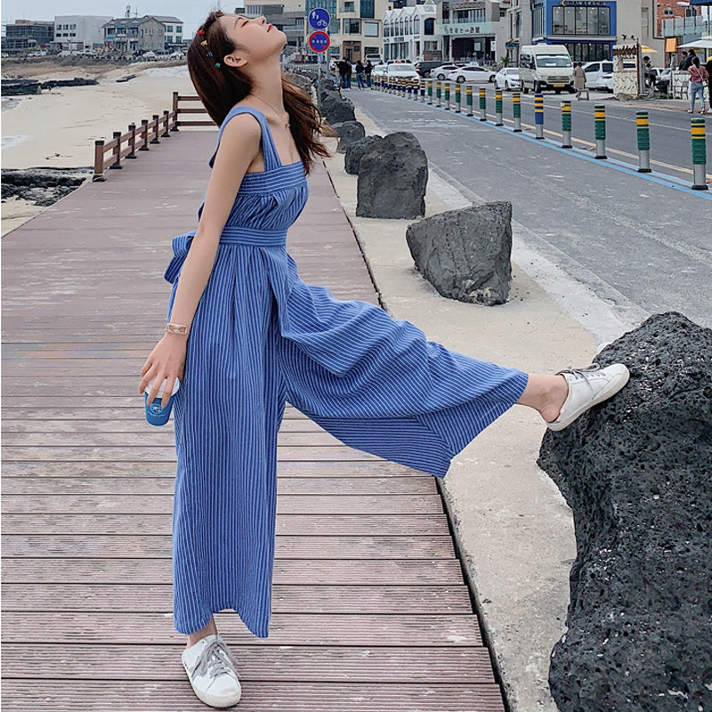 バックリボンストライプロンパース