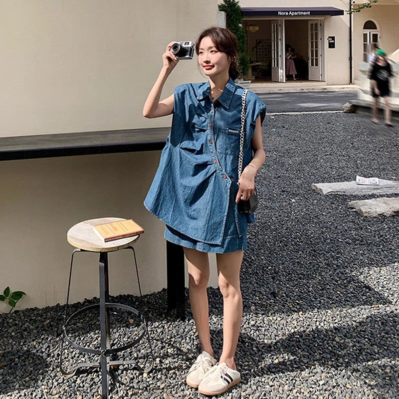 デニムノースリーブシャツ×ショートパンツセット