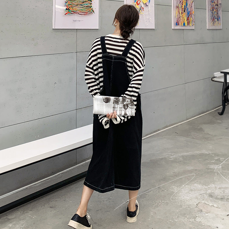 カジュアルボーダートップス×デニムサロペットワンピースセット