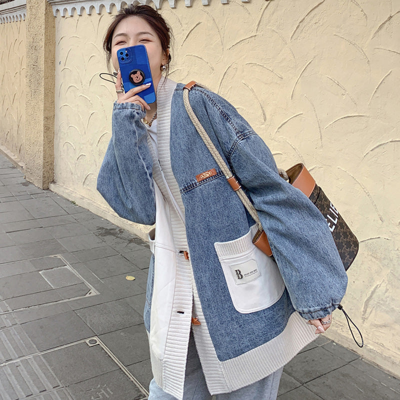 異素材MIXデザインニット×デニムジャケット