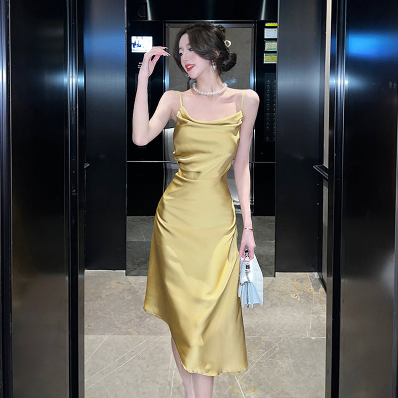 エレガントサテンアシンメトリードレス