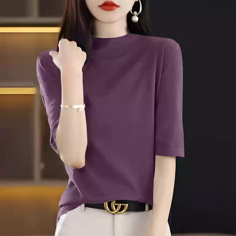 五分袖ボトルネックトップス6colors