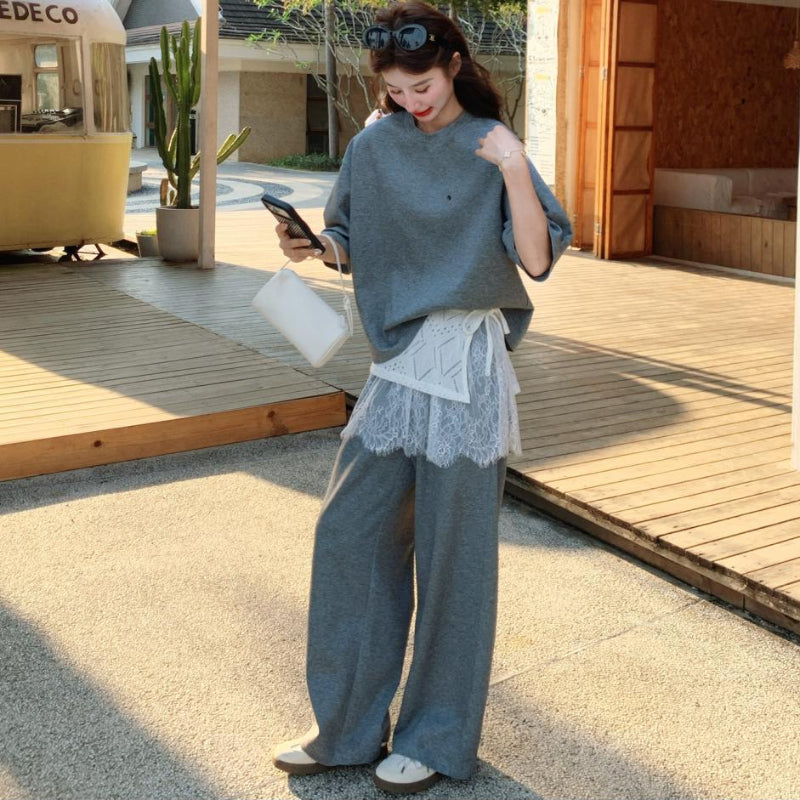 レースフラップ付ニットスウェットパンツセットアップ