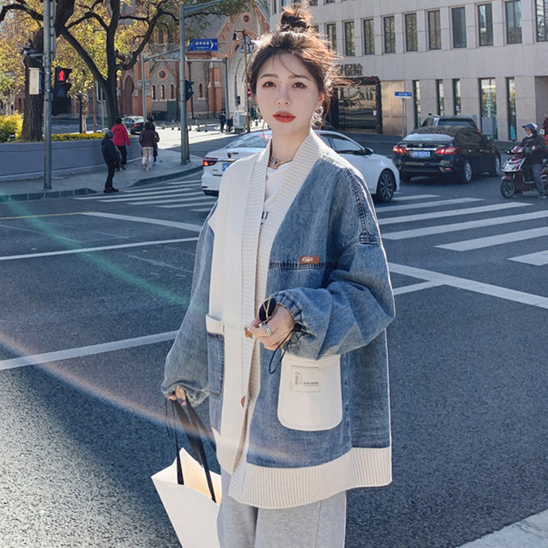 異素材MIXデザインニット×デニムジャケット