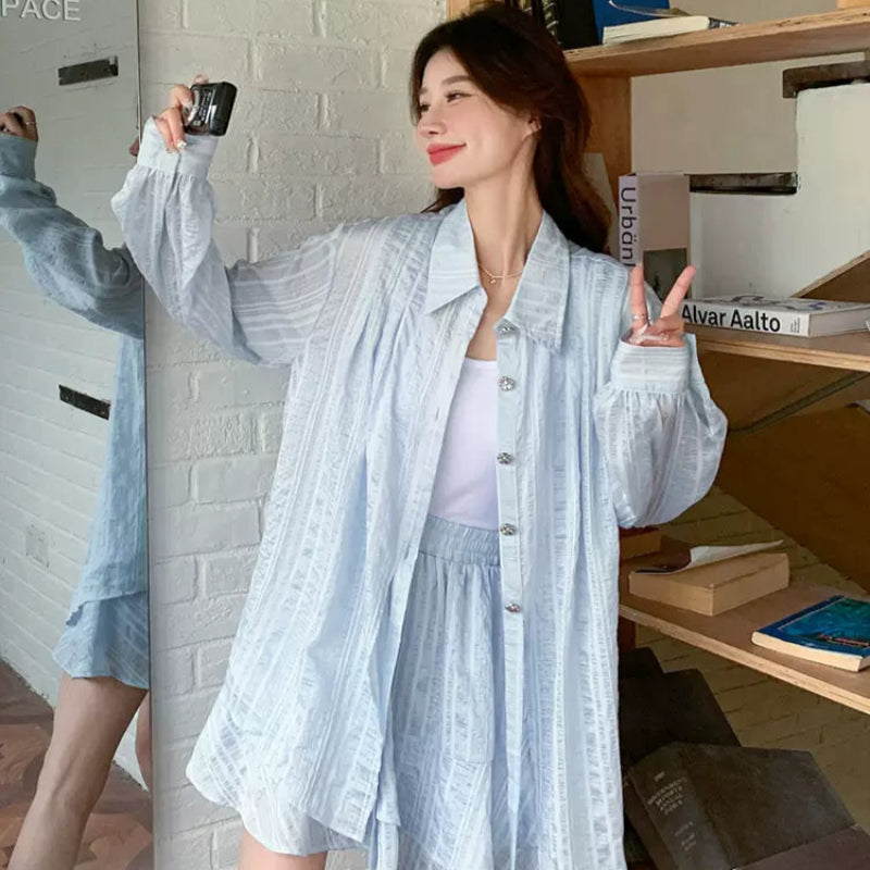 ライトブルーストライプシャツ×パンツセット