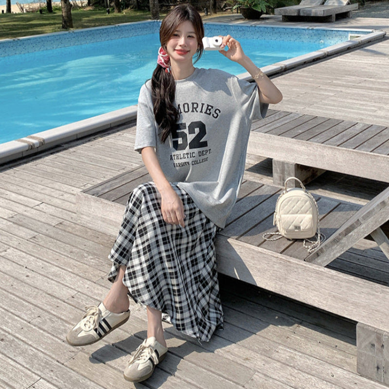 Tシャツ×チェックスカートドッキングワンピース