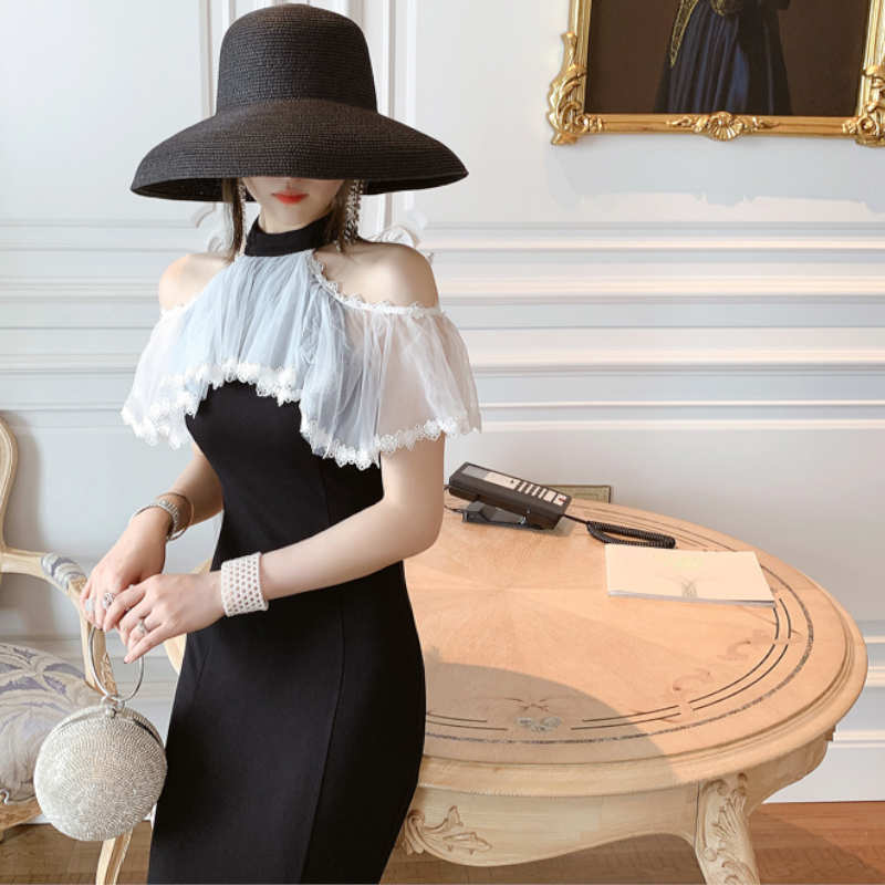 オープンショルダーシアーラッフルタイトワンピース