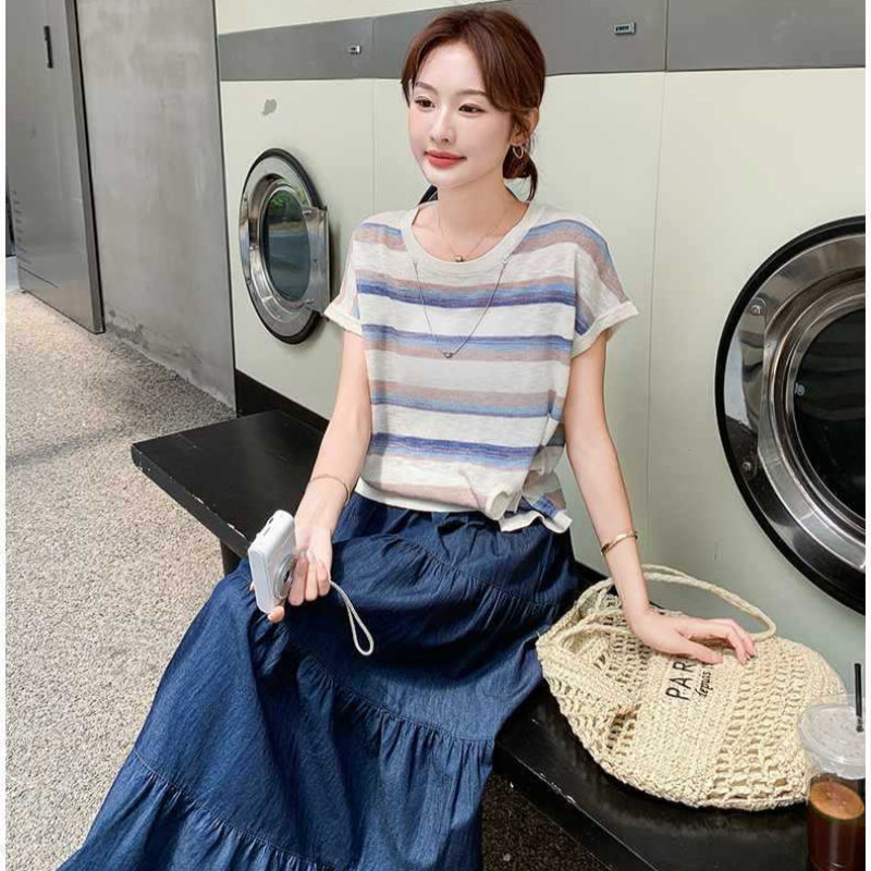 ボーダーTシャツ×デニムスカートセットアップ